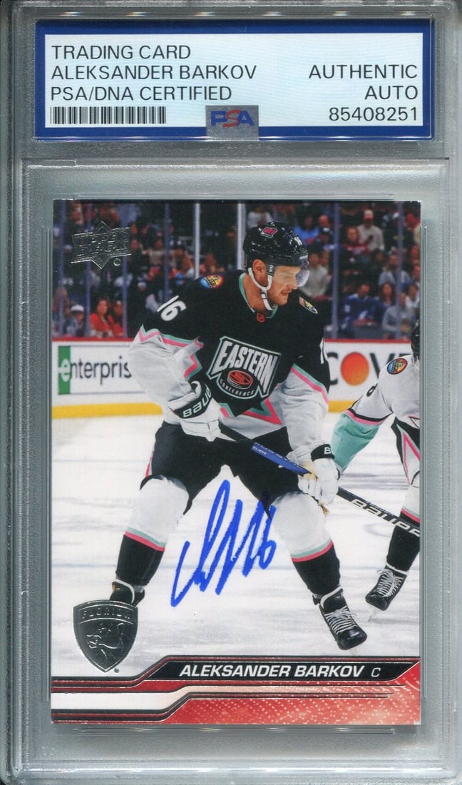 Aleksander Barkov Autographed Upper Deck Card (PSA Authentic Auto): Aleksander Barkov Autographed Upper Deck Card (PSA Authentic Auto) Own a piece of NHL history with the Aleksander Barkov Autographed Upper Deck Card, authenticated by PSA and guaranteed to be genuine.