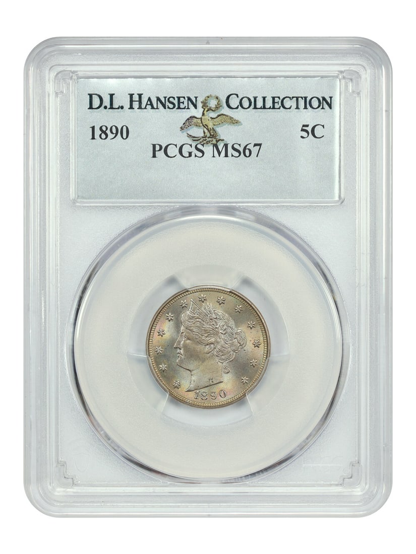 MS67 1890 5C PCGS: MS67 1890 5C PCGS Experience the majesty of American numismatics with this stunning 1890 Liberty Nickel, graded MS67 by PCGS. This uncirculated coin boasts exceptional strike quality and is a rare fin