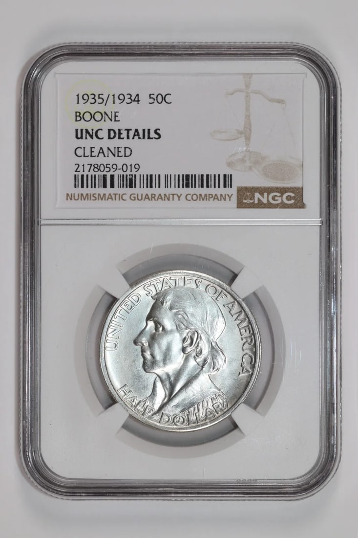 DETAILS 1935/ 34 BOONE COMMMEMORATIVE HALF DOLLAR NGC UNC: DETAILS 1935/ 34 BOONE COMMMEMORATIVE HALF DOLLAR NGC UNC A rare and highly sought-after commemorative half dollar, the 1935/34 Boone Memorial Half Dollar is a true numismatic treasure. Certified by