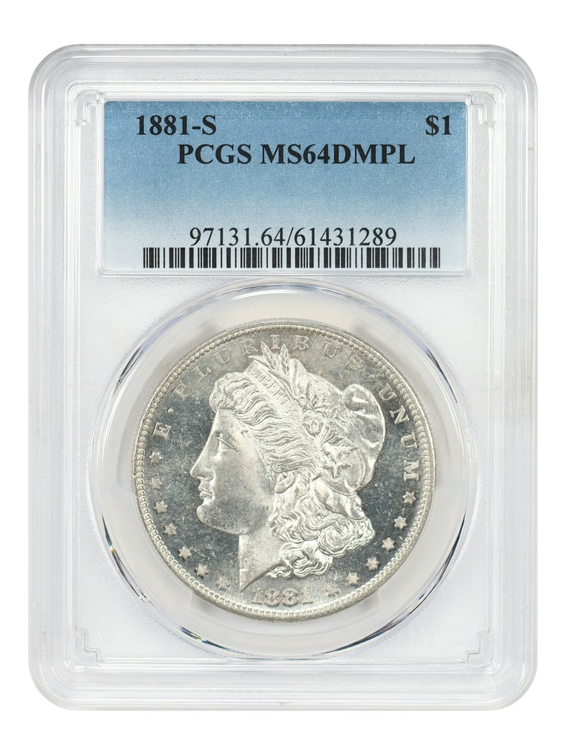 1881-S Morgan Dollar MS64DMPL PCGS: 1881-S Morgan Dollar MS64DMPL PCGS Experience the iconic Morgan Dollar from 1881, certified by PCGS as MS64DMPL, boasting exceptional strike quality and preserved details that showcase its rich