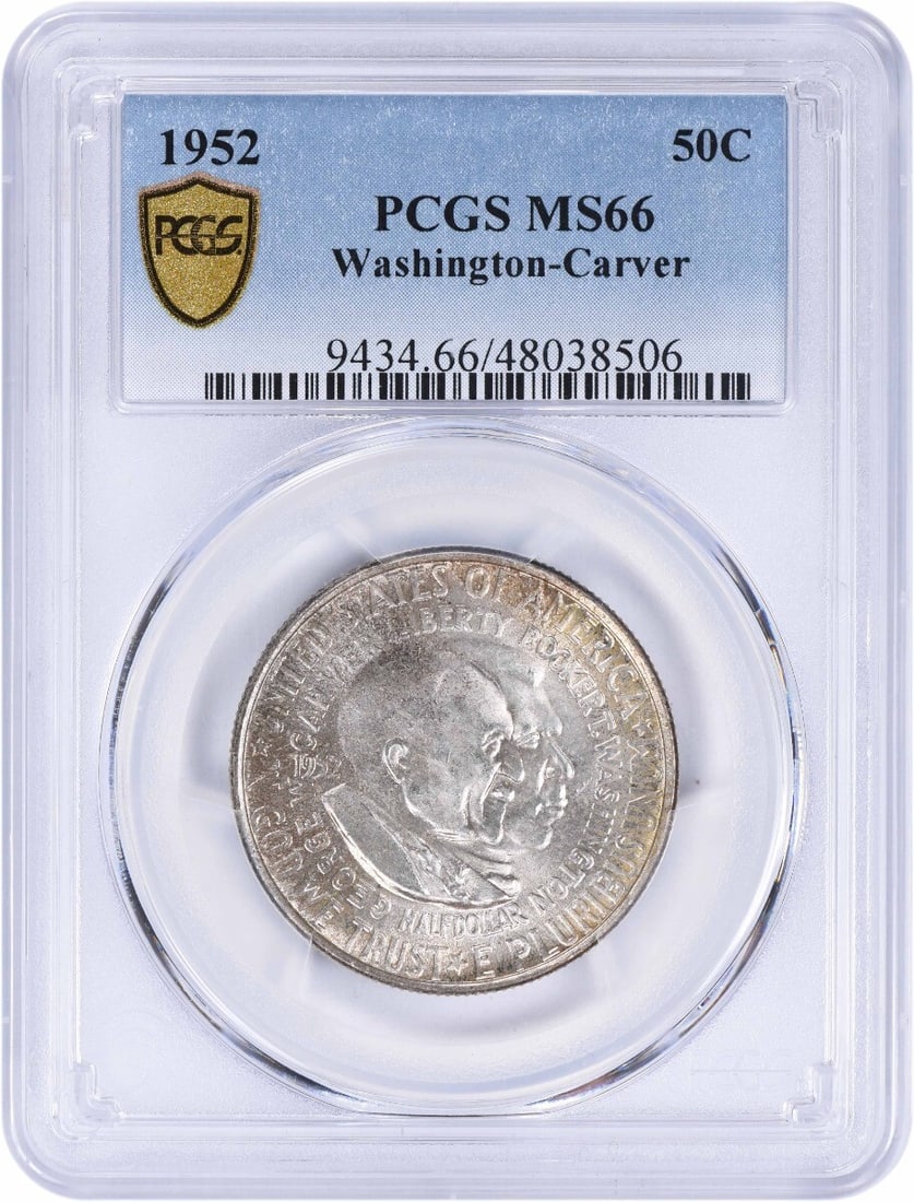 PCGS 1952 Washington-Carver Commemorative Half MS66: PCGS 1952 Washington-Carver Commemorative Half MS66 Experience the rich history of American commemorative coins with this stunning 1952 Washington-Carver Half Dollar, graded MS66 by PCGS. Featuring a