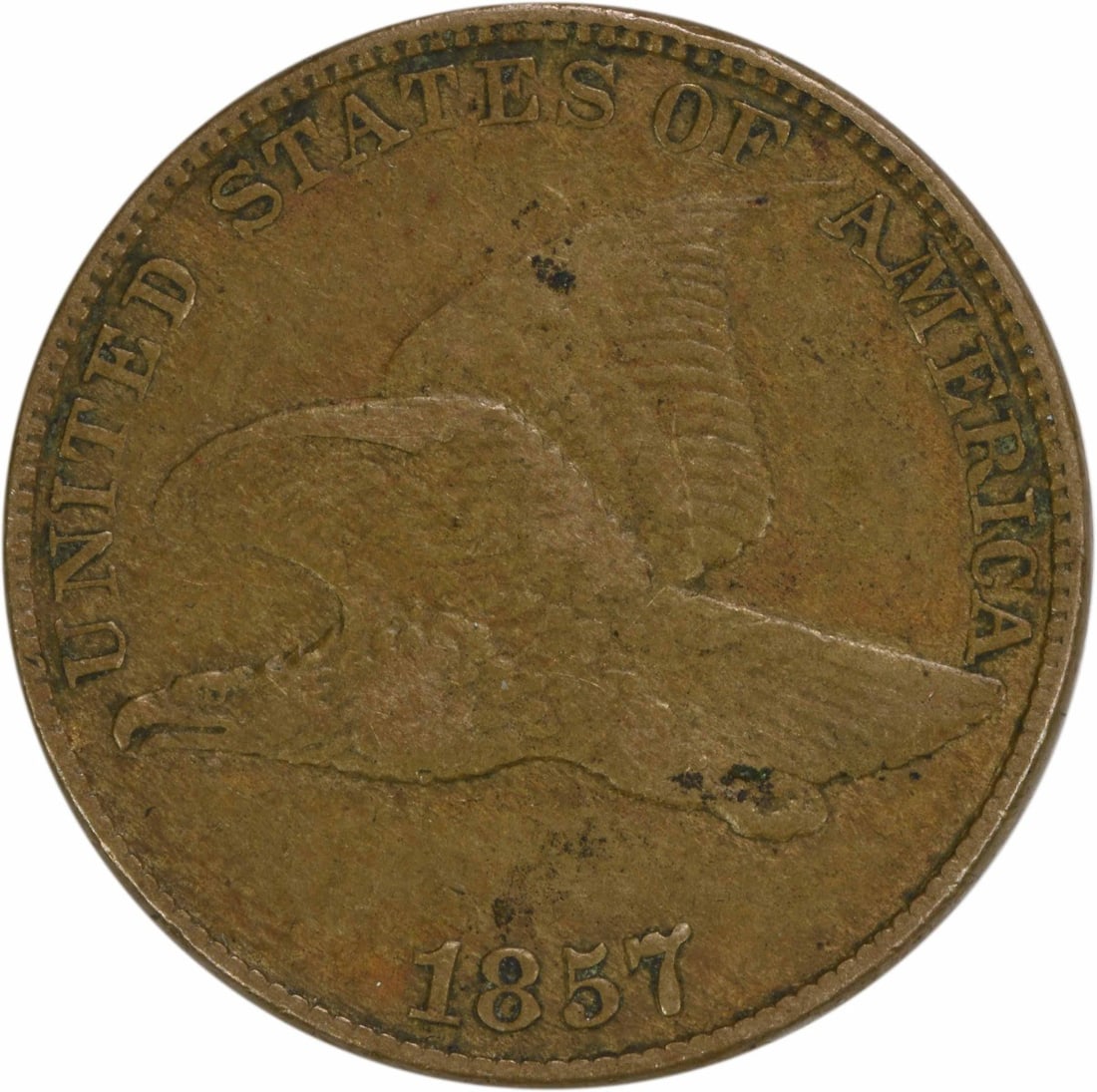 Uncertified 1857 Flying Eagle Cent EF: Uncertified 1857 Flying Eagle Cent EF Experience the charm of America's first copper-nickel cent, minted in 1857 by James Barton Longacre. This Uncertified EF Flying Eagle Cent is a rare find, with it