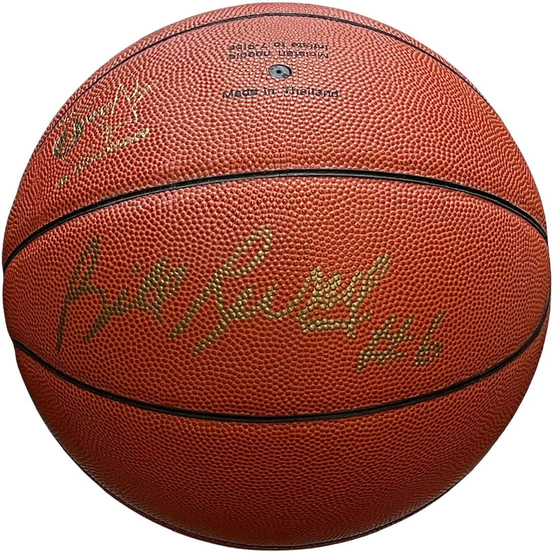Basketball Bill Russell Autographed Leather Molten Official: Basketball Bill Russell Autographed Leather Molten Official Own a piece of basketball history with this exceptional autographed leather Molten official, signed by the legendary Bill Russell in gold