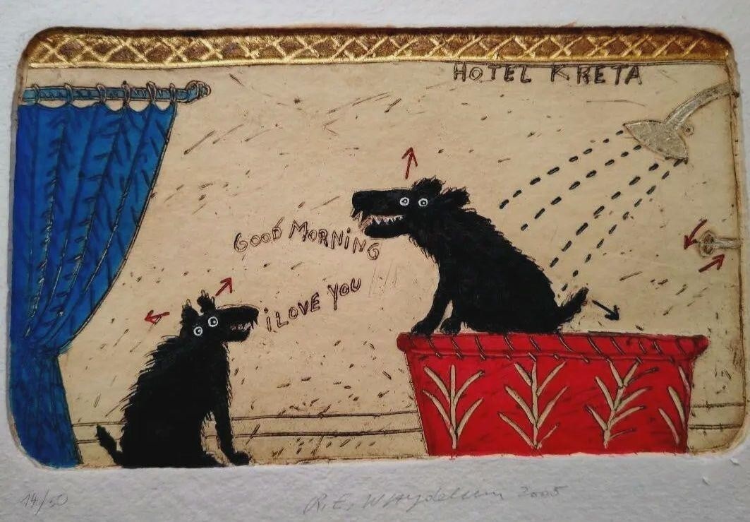 50 Raymond Emile Waydelich "HOTEL KRETA" print edition autographed 14/: 50 Raymond Emile Waydelich "HOTEL KRETA" print edition autographed 14/ Experience the vibrant world of Raymond Emile Waydelich's iconic "HOTEL KRETA" print, a stunning representation of the artist's u