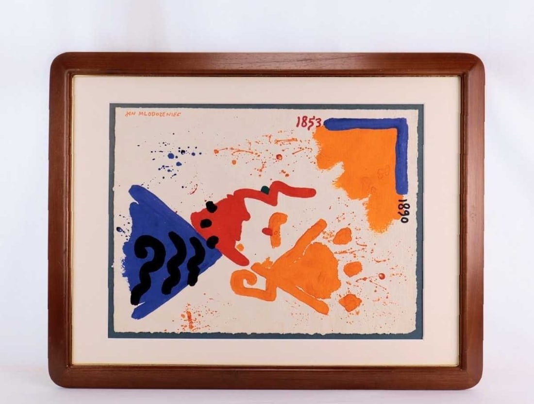 Framed Jan Modoeniec Watercolor "Untitled" Polish Graphic Designer Art Signed: Framed Jan Modoeniec Watercolor "Untitled" Polish Graphic Designer Art Signed Experience the unique beauty of Jan Modoeniec's abstract watercolor painting, "Untitled", framed and ready to adorn your w