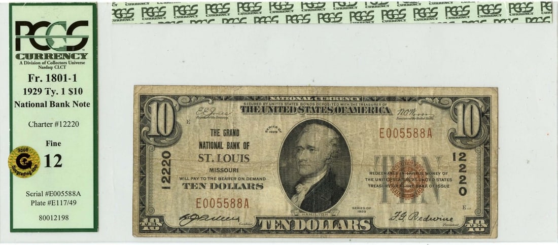 Gold 1929 Ty.1 $10 ST.Louis Missouri PCGS F12 Ch#12220 GCC: Gold 1929 Ty.1 $10 ST.Louis Missouri PCGS F12 Ch#12220 GCC Up for auction is a rare 1929 $10 Gold Certificate, graded F12 by PCGS and certified as circulated. This unique piece of American history boa