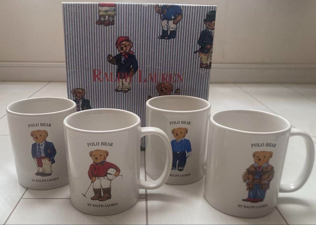 Vintage Ralph Lauren Polo Bear Ceramic Mug Cup Set Of 4 With Box Deadstock 90S: Vintage Ralph Lauren Polo Bear Ceramic Mug Cup Set Of 4 With Box Deadstock 90S Add a touch of vintage style to your morning routine with this rare and iconic Polo Bear ceramic mug set, straight from