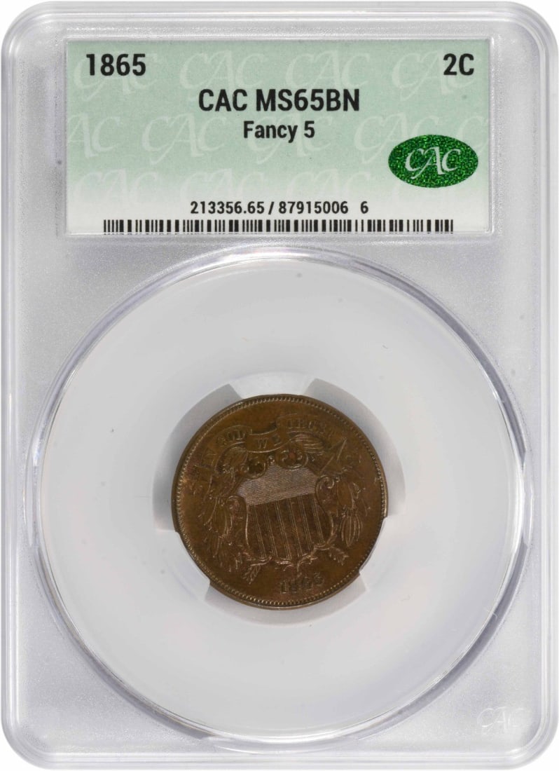 1865 Two-Cent Piece Fancy MS65BN CACG: 1865 Two-Cent Piece Fancy MS65BN CACG Rarity seekers, take note! This 1865 Two-Cent Piece Fancy MS65BN CACG is an exceptional find, boasting a striking grade of MS65 and bearing the coveted CACG