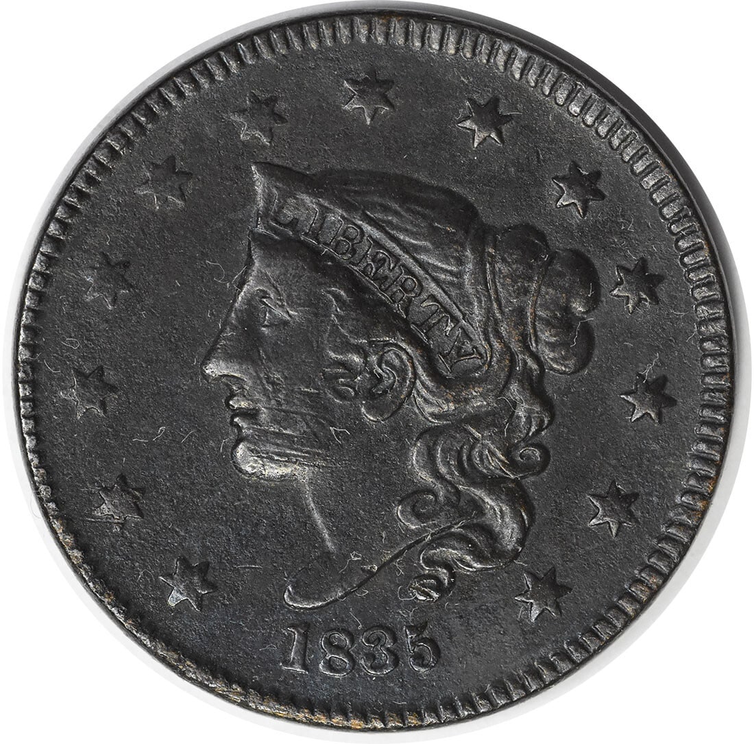 Uncertified 1835 Large Cent VF: Uncertified 1835 Large Cent VF Experience the charm of America's first large cent, minted in 1835, with its iconic Coronet Head design. This beautifully preserved circulated coin is a rare find for co