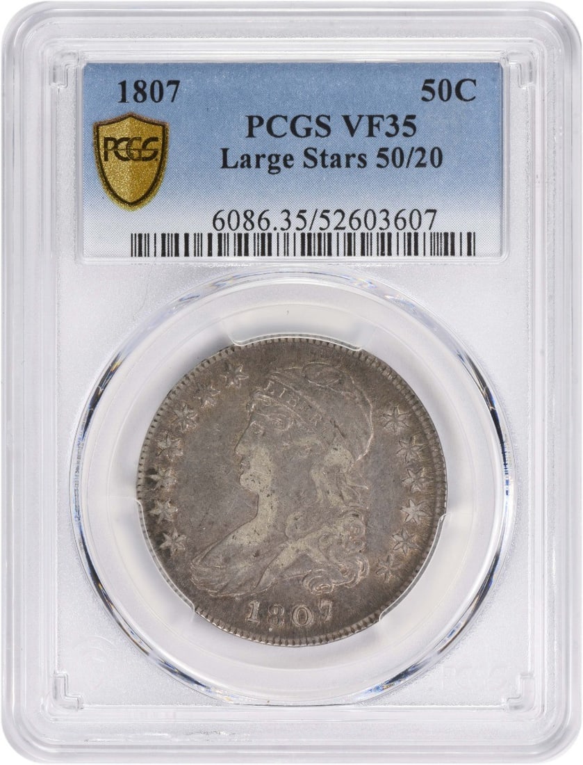 PCGS 1807 Bust Silver Half Dollar Large Stars 50/ 20 VF35: PCGS 1807 Bust Silver Half Dollar Large Stars 50/ 20 VF35 A rare and historically significant PCGS-certified 1807 Bust Silver Half Dollar with Large Stars is up for auction, boasting a striking VF35