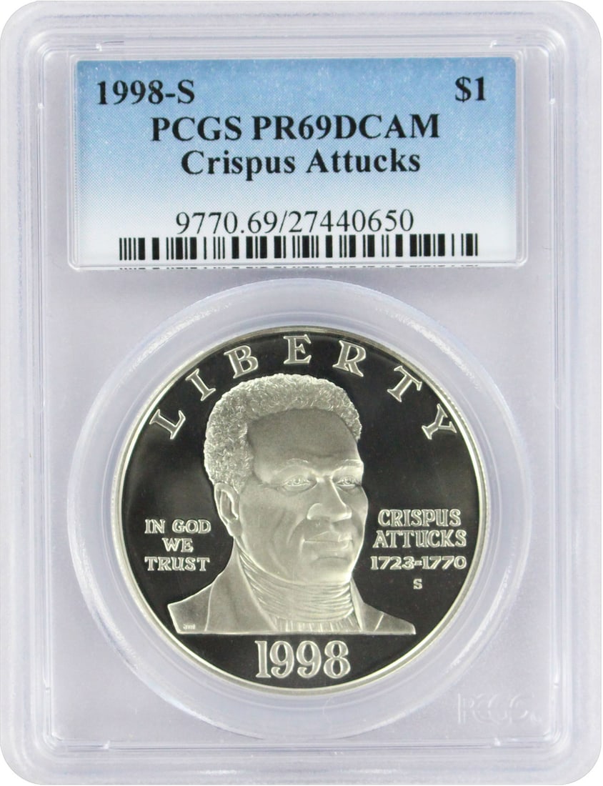 1998-S Black Patriot Crispus Attucks Dollar PR69DCAM PCGS: 1998-S Black Patriot Crispus Attucks Dollar PR69DCAM PCGS The 1998-S Black Patriot Crispus Attucks Dollar is a rare and highly sought-after commemorative coin, certified by the PCGS as PR69DCAM. This