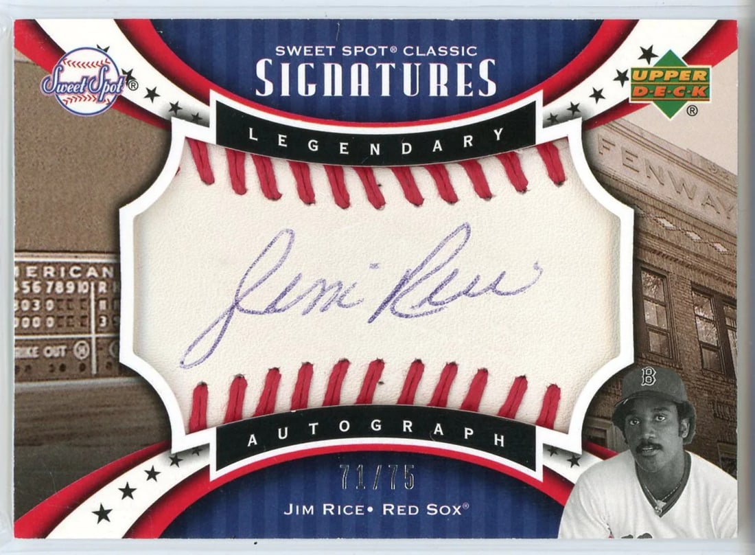 #SPV-JR Jim Rice Autographed 2007 Upper Deck Sweet Spot Classic Signatures Card: #SPV-JR Jim Rice Autographed 2007 Upper Deck Sweet Spot Classic Signatures Card Get ready to add a piece of baseball history to your collection with this autographed Jim Rice card from the 2007 Upper