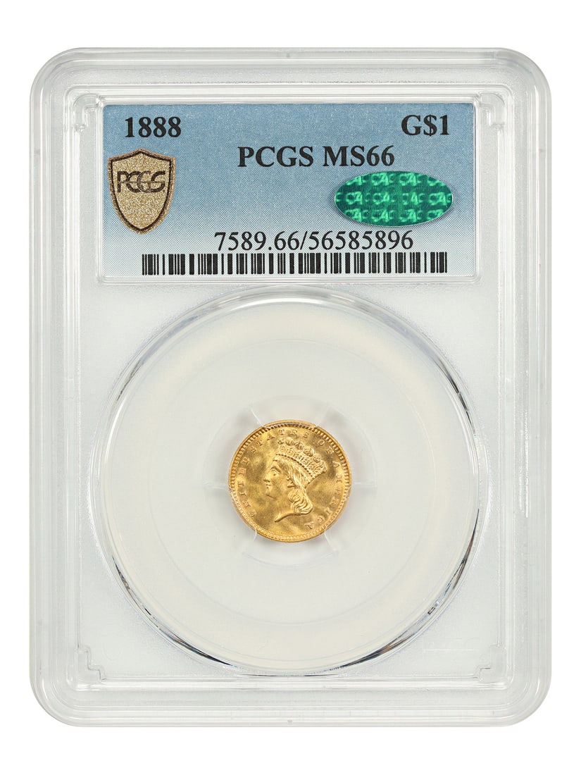 Gold Dollar - 1888 G$1 PCGS/ CAC MS66: Gold Dollar - 1888 G$1 PCGS/ CAC MS66 A stunning example of American numismatics, this 1888 G$1 Gold Dollar is certified MS66 by PCGS and CAC, showcasing exceptional strike quality and luster. As one