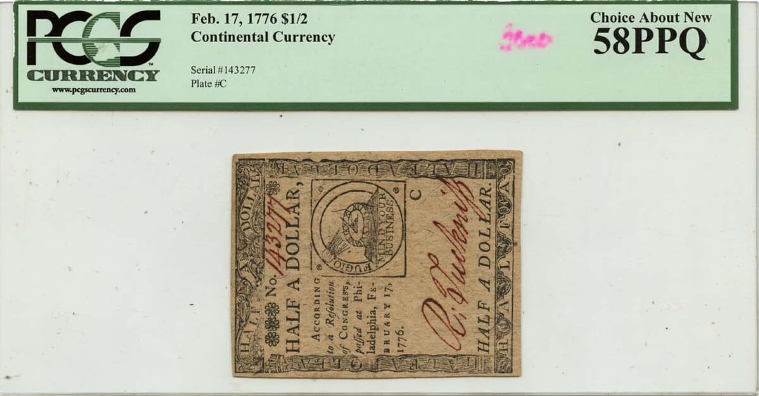 $1/ 2 Continental Currency FR#CC-21 PCGS AU58 PPQ Fugio - 1776 February 17: $1/ 2 Continental Currency FR#CC-21 PCGS AU58 PPQ Fugio - 1776 February 17 Experience the rare opportunity to own a piece of American history with this 1776 Continental Currency note, graded AU58 by P