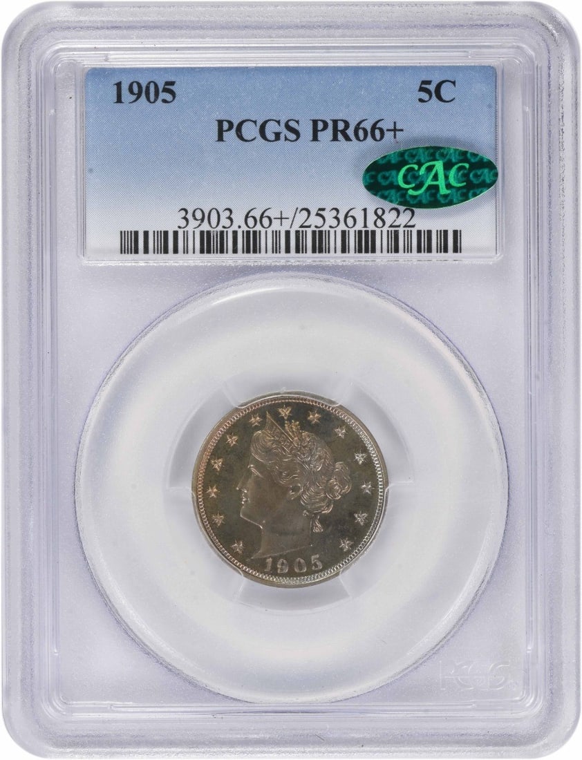 PR66+ PCGS CAC 1905 Liberty Nickel: PR66+ PCGS CAC 1905 Liberty Nickel Experience the rare beauty of the 1905 Liberty Nickel, graded PR66 by PCGS and CAC, with its stunning proof strike and exceptional condition. This highly