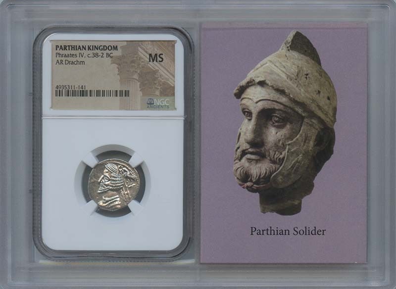 c.38-2 BC PARTHIAN KINGDOM AR Drachm NGC MS60 Story Vault - Phraates IV: c.38-2 BC PARTHIAN KINGDOM AR Drachm NGC MS60 Story Vault - Phraates IV Experience the majesty of the Parthian Kingdom with this stunning c.38-2 BC AR Drachm, graded MS60 by NGC. Featuring Phraates