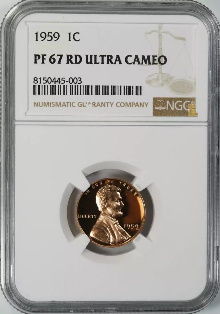 (003) 1959 PROOF LINCOLN MEMORIAL CENT PENNY 1C NGC CERTIFIED PF 67 RD ULTRA CAM: (003) 1959 PROOF LINCOLN MEMORIAL CENT PENNY 1C NGC CERTIFIED PF 67 RD ULTRA CAM A rare and highly sought-after 1959 Proof Lincoln Memorial Cent penny, certified by the NGC with a stunning grade of PF