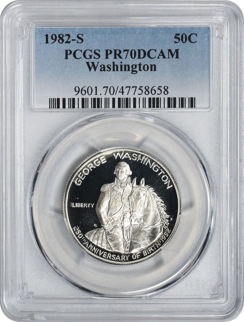 1982-S Washington Commemorative Silver Half Dollar (PR70DCAM) PCGS: 1982-S Washington Commemorative Silver Half Dollar (PR70DCAM) PCGS Experience the majesty of American numismatics with this stunning 1982-S Washington Commemorative Silver Half Dollar, graded