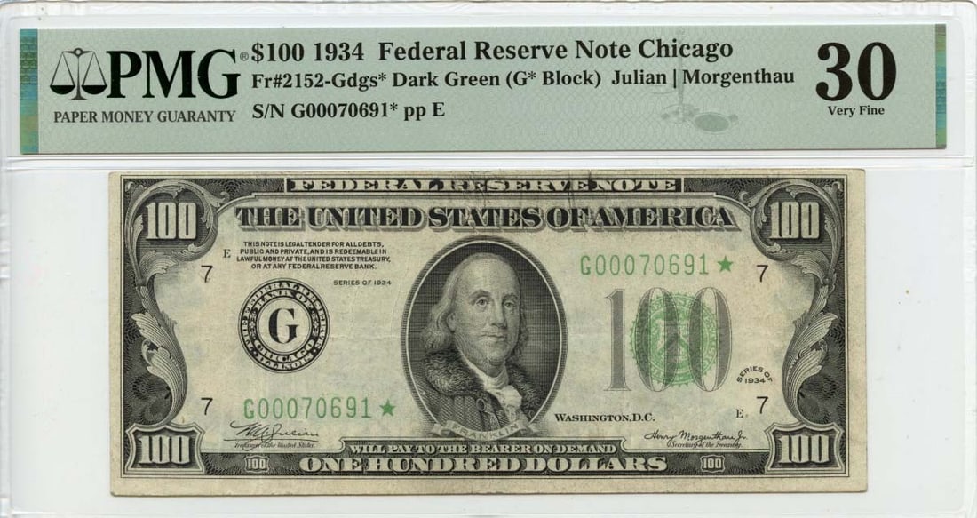 1934 $100 FR Federal Reserve Note Chicago IL PMG VF30: 1934 $100 FR Federal Reserve Note Chicago IL PMG VF30 A rare and highly sought-after 1934 $100 Federal Reserve Note, certified by PMG as VF30, is up for auction. This circulated note is a true gem