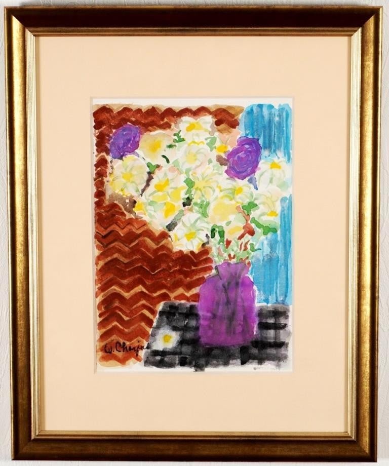 Art Wendy Chazin Purple Vase Flowers Watercolor Signed French: Art Wendy Chazin Purple Vase Flowers Watercolor Signed French A stunning one-of-a-kind watercolor painting by Wendy Chazin, signed and certified authentic, captures the beauty of flowers in vibrant