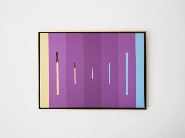 signed. - Jes Nordby Composition with matches - oil on canvas: signed. - Jes Nordby Composition with matches - oil on canvas A stunning original oil painting by Norwegian artist Jes Nordby, "Composition with matches" showcases the artist's unique style and