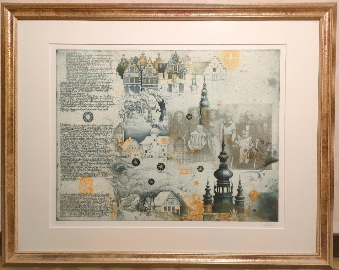 Jorg Schmeisser Signed Architectural Etching 1991 Collage, 6651cm Framed: Jorg Schmeisser Signed Architectural Etching 1991 Collage, 6651cm Framed A stunning architectural etching by Austrian artist Jorg Schmeisser, signed in 1991, showcases the artist's unique blend of con