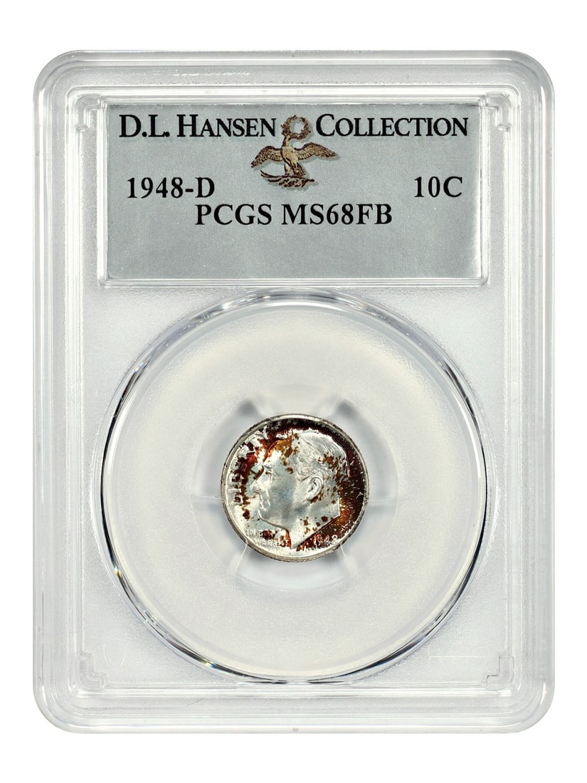 1948-D Roosevelt Dime (PCGS MS68FB) Ex: D.L. Hansen - Only One Finer!: 1948-D Roosevelt Dime (PCGS MS68FB) Ex: D.L. Hansen - Only One Finer! A rare gem from the early days of American coinage, this 1948-D Roosevelt Dime boasts an impressive MS68FB grade from PCGS, one of