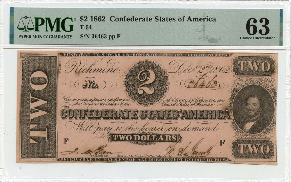 CU63 1862 $2 Confederate States of America T-54 CSA PMG (1 of 1)