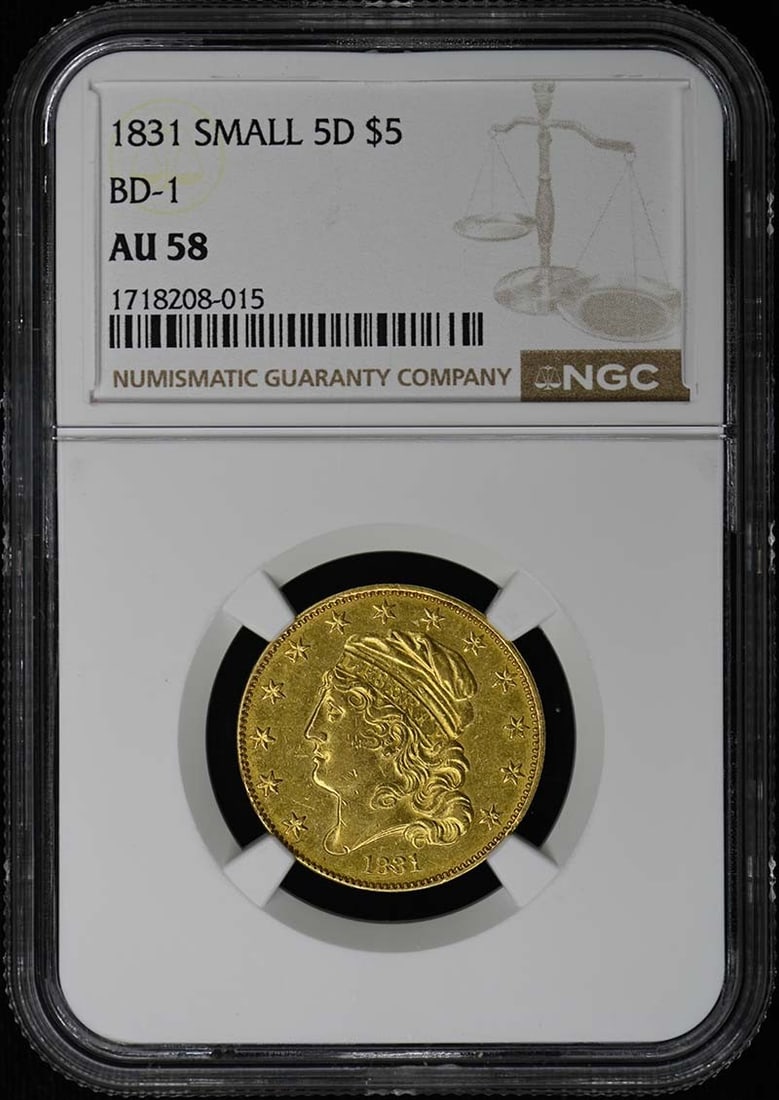 NGC AU58 5D Capped Head Small Size $5 1831: NGC AU58 5D Capped Head Small Size $5 1831 Experience the beauty of early American numismatics with this stunning 1831 Capped Bust $5 coin, graded AU58 by NGC. Certified as circulated and bearing the