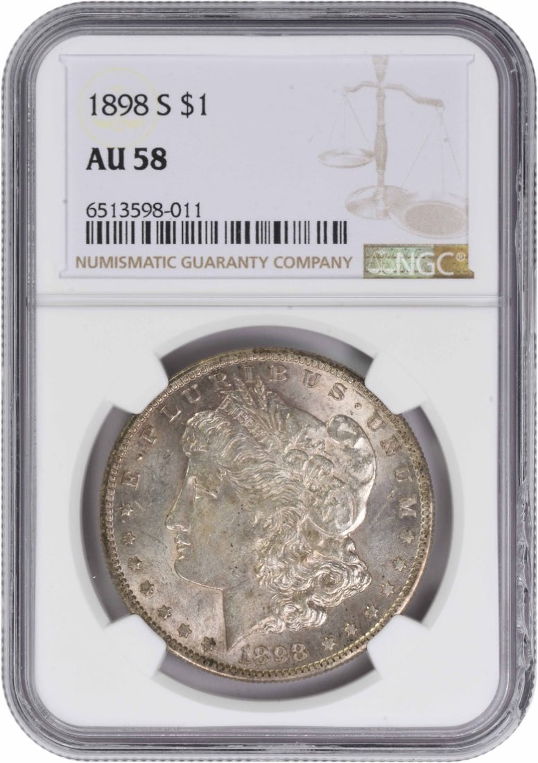 1898-S Morgan Silver Dollar - AU58 NGC: 1898-S Morgan Silver Dollar - AU58 NGC A stunning example of American numismatics, this 1898-S Morgan Silver Dollar boasts its original mint luster and is graded AU58 by the NGC, one of the finest cir