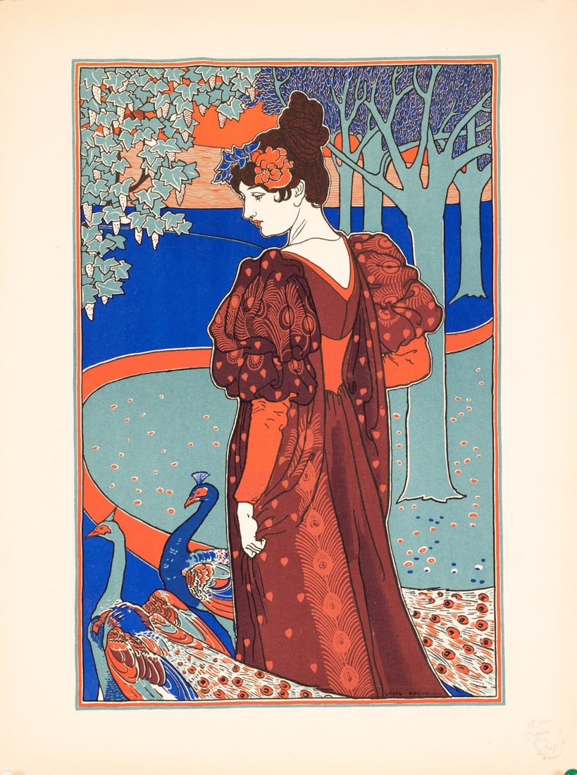 Moderne Louis Rhead La Femme Au Paon (1897) Lithograph Lestampe: Moderne Louis Rhead La Femme Au Paon (1897) Lithograph Lestampe Experience the elegance of Art Nouveau with this stunning 1897 lithograph by Louis Rhead, 'La Femme Au Paon', a masterpiece that showcas