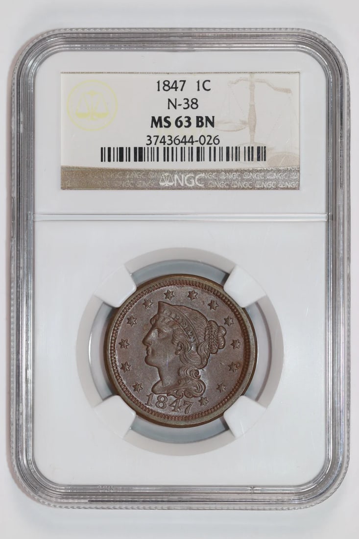 TOTALLY ORIGINAL & PQ - 1847 BRAIDED HAIR LARGE CENT N-38 NGC MS63 BN: TOTALLY ORIGINAL & PQ - 1847 BRAIDED HAIR LARGE CENT N-38 NGC MS63 BN Experience the rich history of American numismatics with this stunning 1847 Braided Hair Large Cent, certified by the Numismatic G
