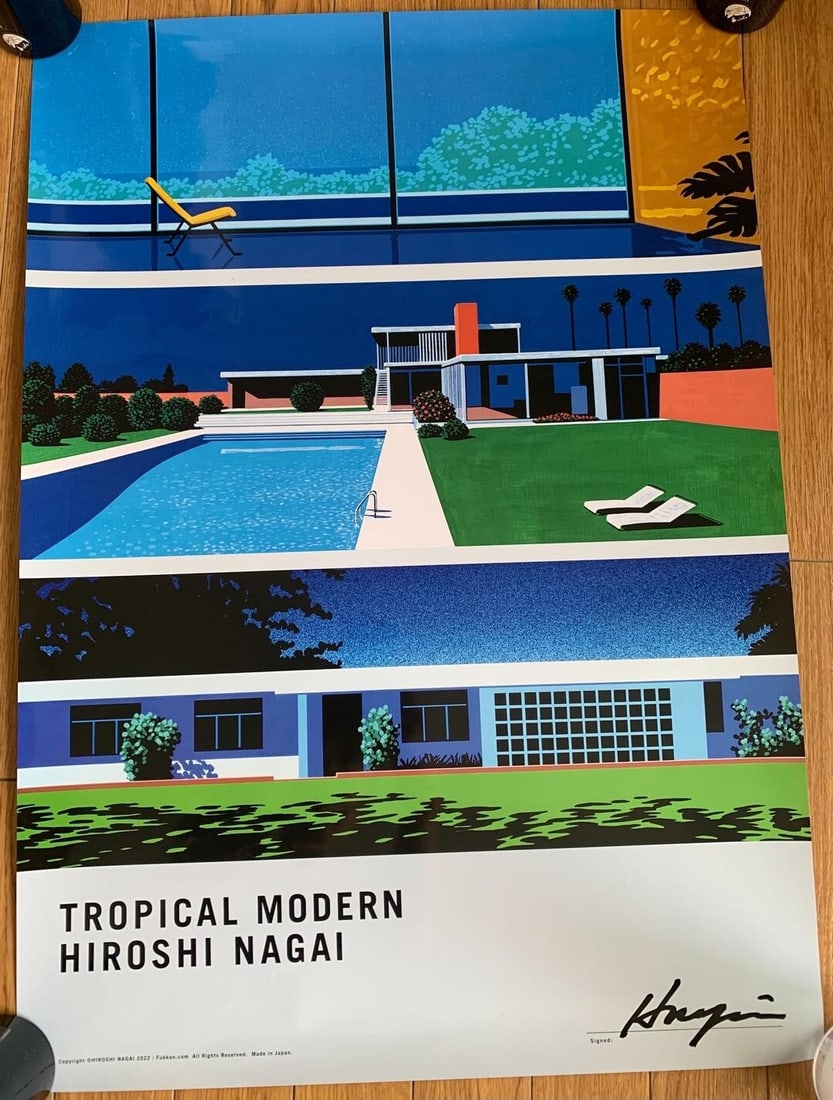 Hiroshi Nagai Autographed Tropical Modern Poster: Hiroshi Nagai Autographed Tropical Modern Poster Experience the vibrant spirit of tropical modernism with this stunning autographed poster by renowned Japanese artist Hiroshi Nagai. Created in Japan,