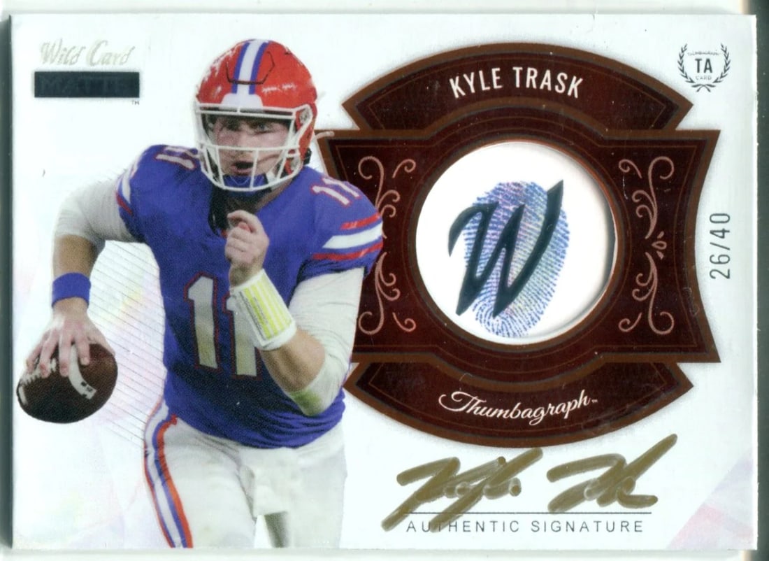 #MTA-4 Kyle Trask Autographed 2021 Wild Card Matte Fingerprints Rookie Card: #MTA-4 Kyle Trask Autographed 2021 Wild Card Matte Fingerprints Rookie Card Get ready to own a piece of NFL history with the Kyle Trask Autographed 2021 Wild Card Matte Fingerprints Rookie Card! This