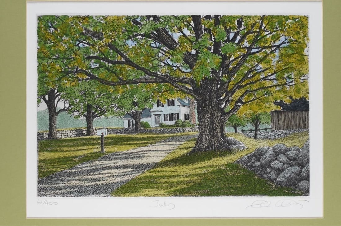 Carol Collette Original Hand-Colored Etching Print July Signed Framed in USA: Carol Collette Original Hand-Colored Etching Print July Signed Framed in USA Experience the beauty of Carol Collette's original hand-colored etching print, signed and framed in the USA. This stunning