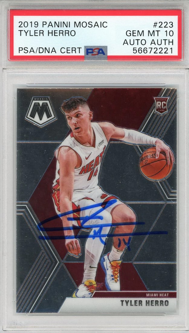 (PSA) Tyler Herro Autographed 2019 Panini Mosaic Rookie Card #223: (PSA) Tyler Herro Autographed 2019 Panini Mosaic Rookie Card #223 Get ready to showcase your love for the Miami Heat with this incredible autographed rookie card of Tyler Herro! Authenticated by PSA a