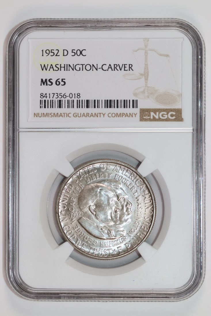 1952 Washington Carver Commemorative Half Dollar (NGC MS65): 1952 Washington Carver Commemorative Half Dollar (NGC MS65) Experience the rich history of America with this 1952 Washington Carver Commemorative Half Dollar, certified by the Numismatic Guaranty Corp