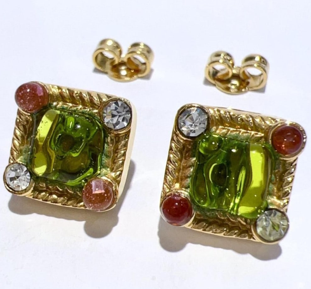 Vintage Chanel 97A Square Gripoix Stud Earring - Gold Plated in Rare: Vintage Chanel 97A Square Gripoix Stud Earring - Gold Plated in Rare Experience the timeless elegance of vintage Chanel with these rare 97A Square Gripoix stud earrings, expertly crafted in gold plate