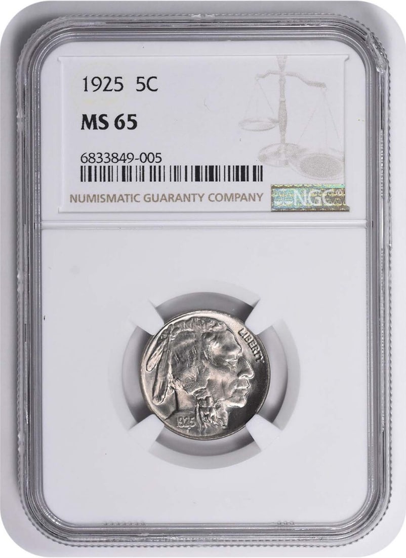 MS65 1925 Buffalo Nickel: MS65 1925 Buffalo Nickel Experience the iconic Buffalo Nickel from 1925, graded MS65 by the NGC for its exceptional condition and rarity. With no mint mark and a KM number of 134, this coin is a true