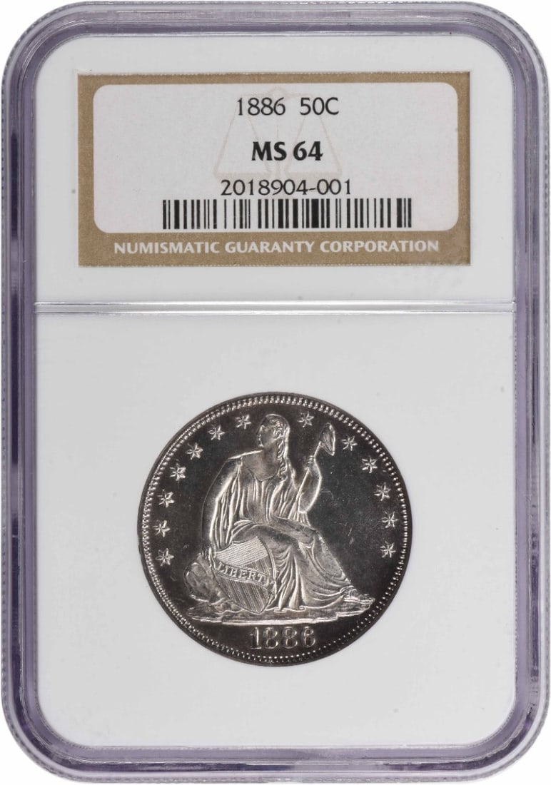 NGC 1886 Liberty Seated Silver Half Dollar MS64: NGC 1886 Liberty Seated Silver Half Dollar MS64 Experience the majesty of American numismatics with this stunning 1886 NGC MS64 Liberty Seated Silver Half Dollar, featuring the iconic Seated Liberty