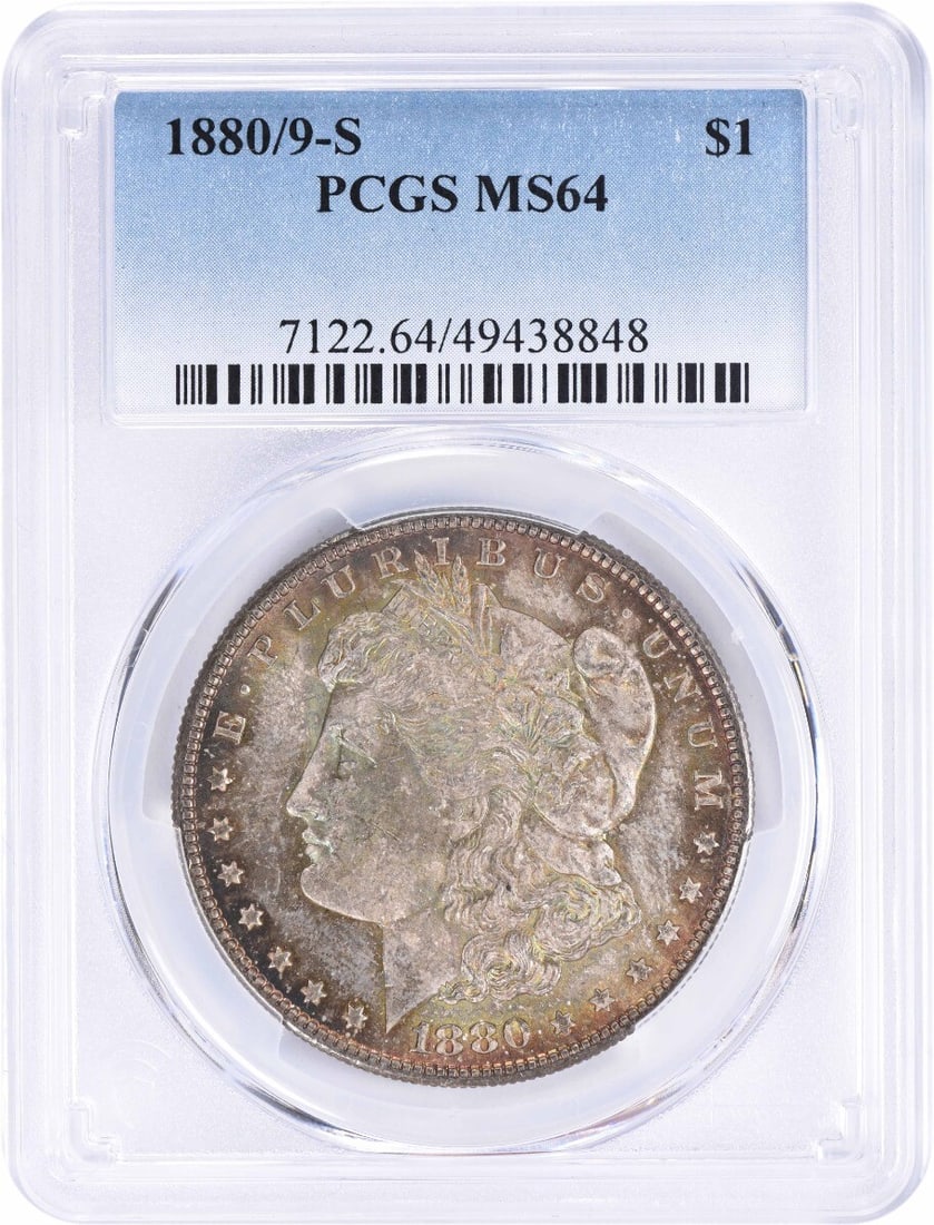 1880 9-S Morgan Silver Dollar MS64 Toned PCGS: 1880 9-S Morgan Silver Dollar MS64 Toned PCGS Experience the majesty of the 1880 Morgan Silver Dollar, graded MS64 by PCGS and boasting a rich toning that adds depth to its already stunning design. As