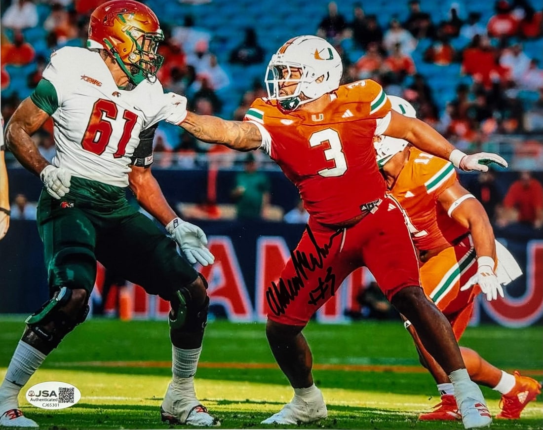 (JSA) Akheem Mesidor Autographed Miami Hurricanes 8x10 Photo: (JSA) Akheem Mesidor Autographed Miami Hurricanes 8x10 Photo Get ready to showcase your love for the Miami Hurricanes with an authentic autograph from Akheem Mesidor, signed in black sharpie across