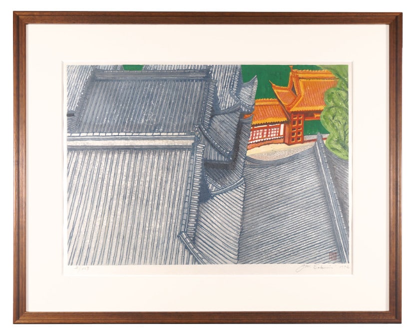 1972 - Junichiro Sekino "Tang Temple" Woodblock Edition - autographed and framed: 1972 - Junichiro Sekino "Tang Temple" Woodblock Edition - autographed and framed Experience the timeless beauty of Japanese art with this rare 1972 woodblock edition print by renowned artist Junichiro