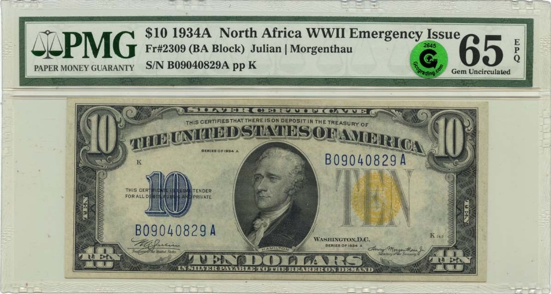 EPQ 1934A $10 Silver Certificate North Africa WWII FR#2309 PMG GEM 65: EPQ 1934A $10 Silver Certificate North Africa WWII FR#2309 PMG GEM 65 A rare and highly sought-after $10 Silver Certificate from 1934, this PMG GEM 65 EPQ is in exceptional condition, boasting a stunn