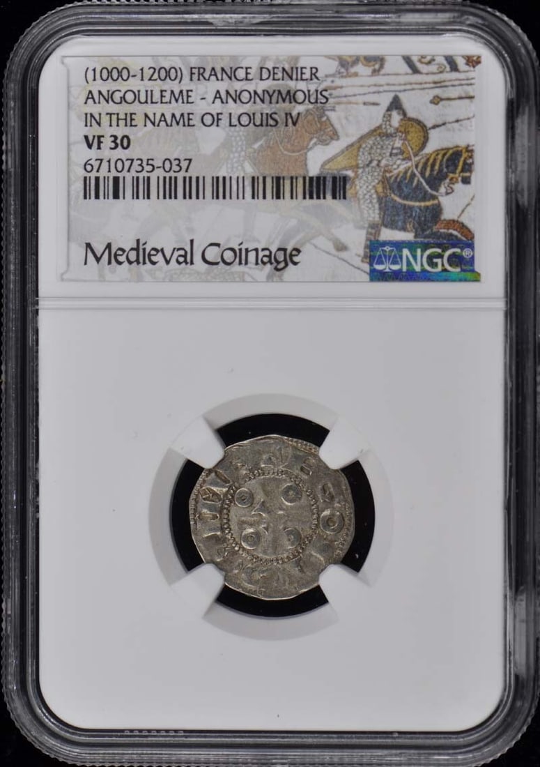 Louis IV Denier France Angouleme NGC VF30: Louis IV Denier France Angouleme NGC VF30 Experience the rich history of Louis IV Denier, a staple of French currency, with this circulated NGC VF30 coin from Angouleme, France. Featuring a unique ble