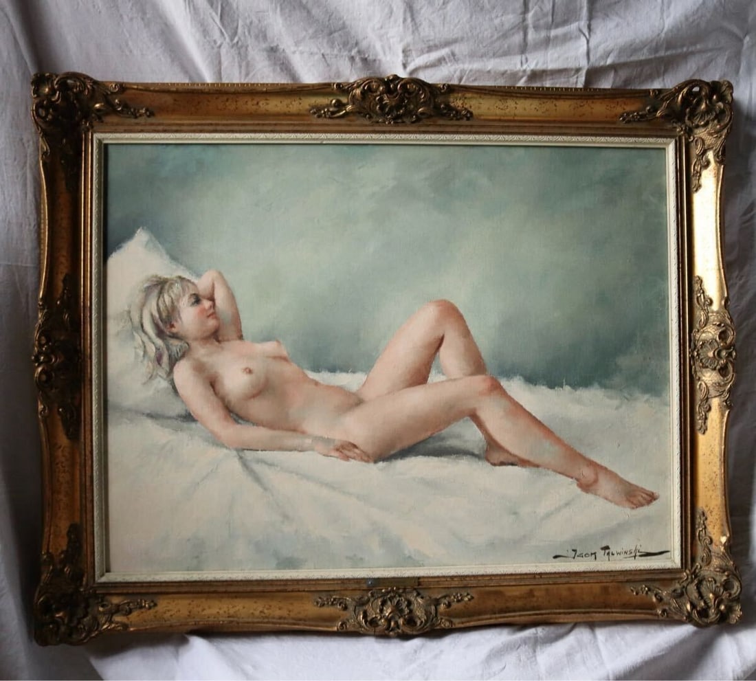 Poland Igor Talwinski Oil Painting Female Nude Reclining Figure Framed 25: Poland Igor Talwinski Oil Painting Female Nude Reclining Figure Framed 25 Experience the elegance of Impressionism with this stunning oil painting by renowned artist Igor Talwinski, featuring a beauti