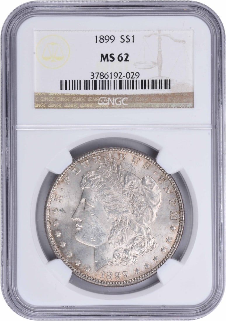 Morgan Silver Dollar (MS62) NGC: Morgan Silver Dollar (MS62) NGC A stunning example of American numismatics, this 1899 Morgan Silver Dollar is certified MS62 by the NGC, showcasing exceptional condition and luster. With its rich silv