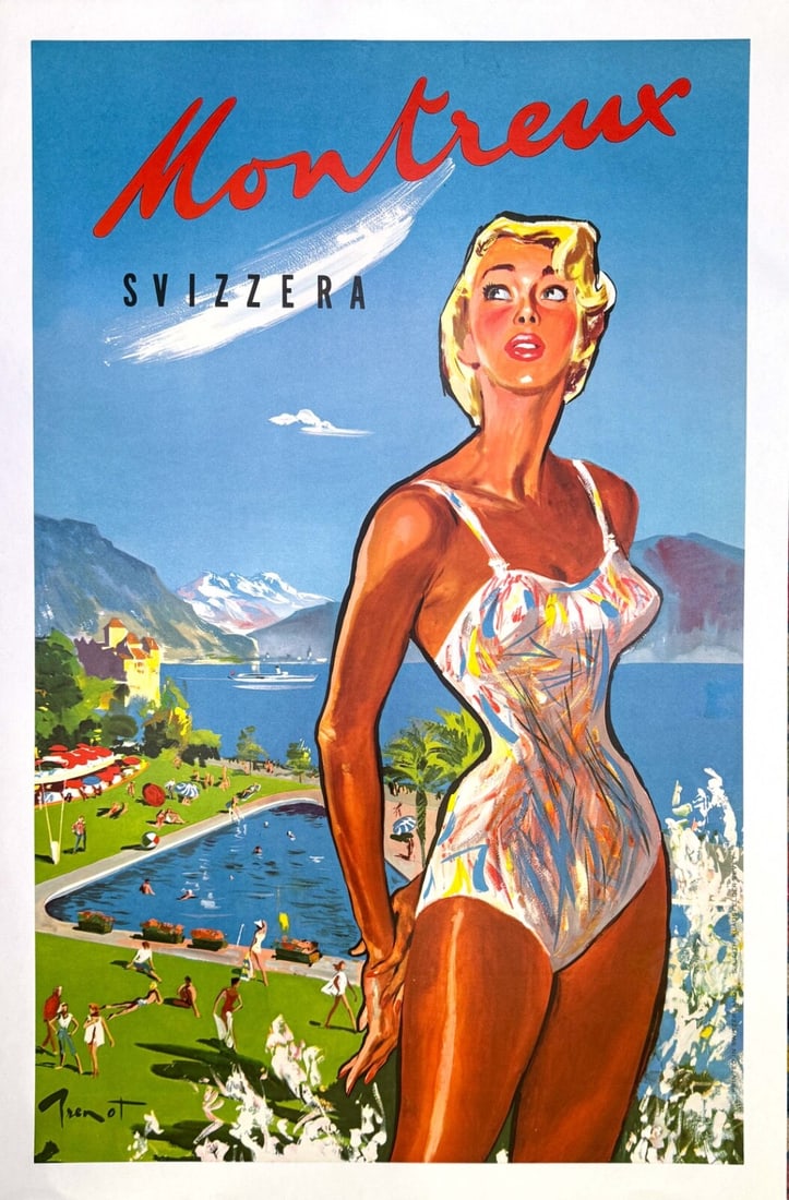 Geneva Swiss Travel Poster Montreux By Pierre Brenot C1950 View Mont Blanc Lake: Geneva Swiss Travel Poster Montreux By Pierre Brenot C1950 View Mont Blanc Lake Experience the iconic travel poster of Montreux, Switzerland from 1950, created by renowned artist Pierre Brenot. This s