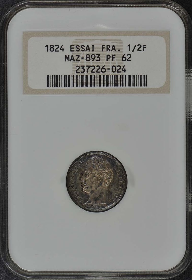 Pop 1824 ESSAI FRANCE 1/ 2F Maz-893 NGC PF62 Top: Pop 1824 ESSAI FRANCE 1/ 2F Maz-893 NGC PF62 Top Experience the charm of early French currency with this 1824 ESSAI FRANCE coin, certified by NGC and graded PR62. As one of the earliest examples of Fr