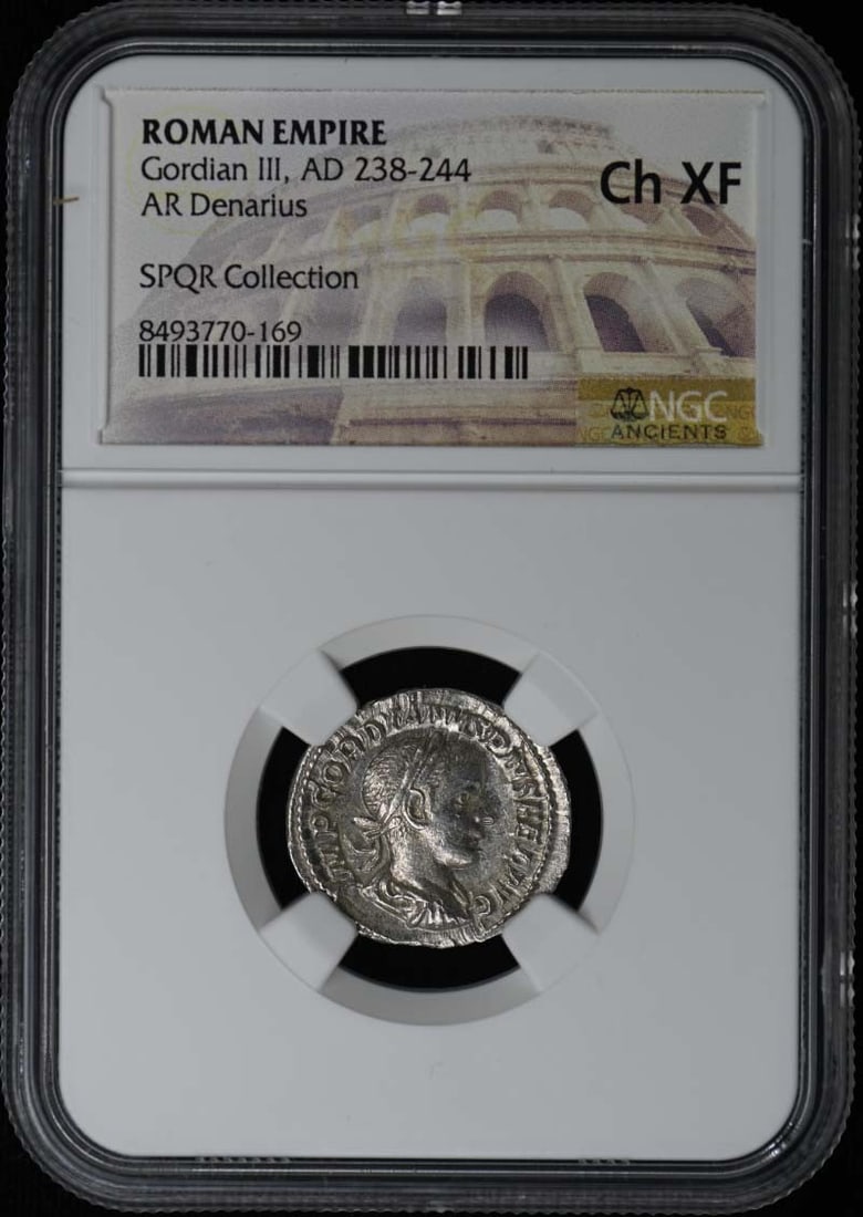 Roman Empire Gordian III AD 238-244 AR Denarius NGC XF45: Roman Empire Gordian III AD 238-244 AR Denarius NGC XF45 Experience the majesty of the Roman Empire with this stunning AR Denarius, minted during the reign of Gordian III (238-244 AD). Certified by
